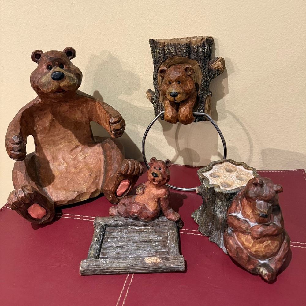 Vintage Country Bear-Themed Bathroom Decor Set - Carved Resin